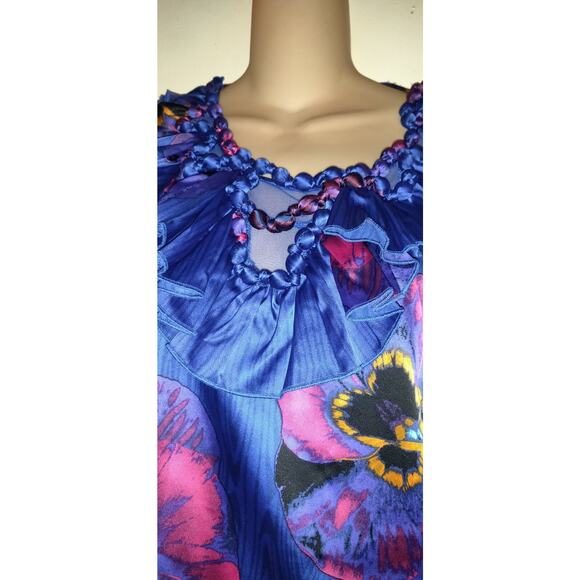 Blue Hawaiian Tank Top Sz 10 ECI New York Vintage Silky Look Floral Tropical 10 - Picture 4 of 12